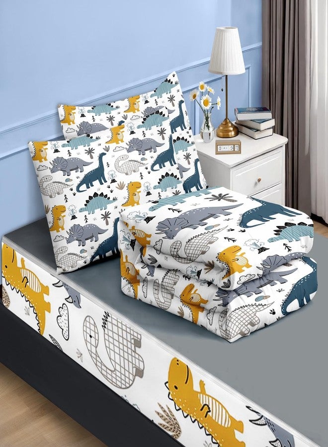 Nesker Zipper Bedding Full Cute Dinosaur Zip Up Bedding Set for Boys and Kids, Blue Grey Yellow Dino 3 Pcs Comforter Bed in a Bag with Fitted Sheet and 2 Pcs Pillowcases - Image 2