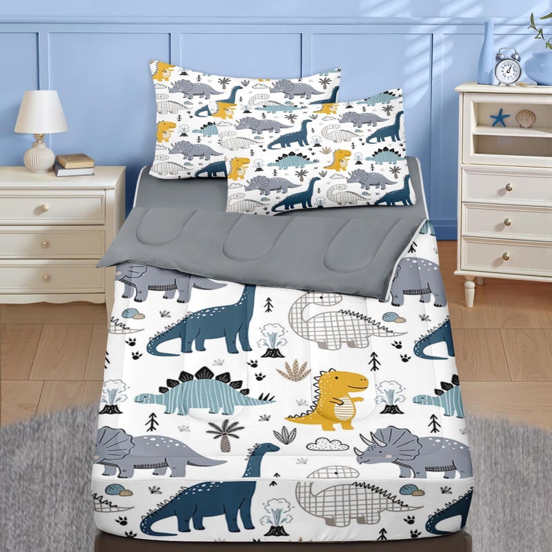 Nesker Zipper Bedding Full Cute Dinosaur Zip Up Bedding Set for Boys and Kids, Blue Grey Yellow Dino 3 Pcs Comforter Bed in a Bag with Fitted Sheet and 2 Pcs Pillowcases - Image 1