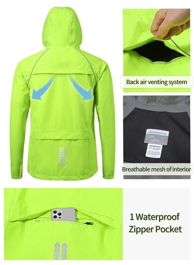 BERGRISAR Men's Cycling Rain Jacket Waterproof Cycling Windbreaker Bike Bicycle Jacket Running Hood Rain Coat Green Size X-Large - Image 4