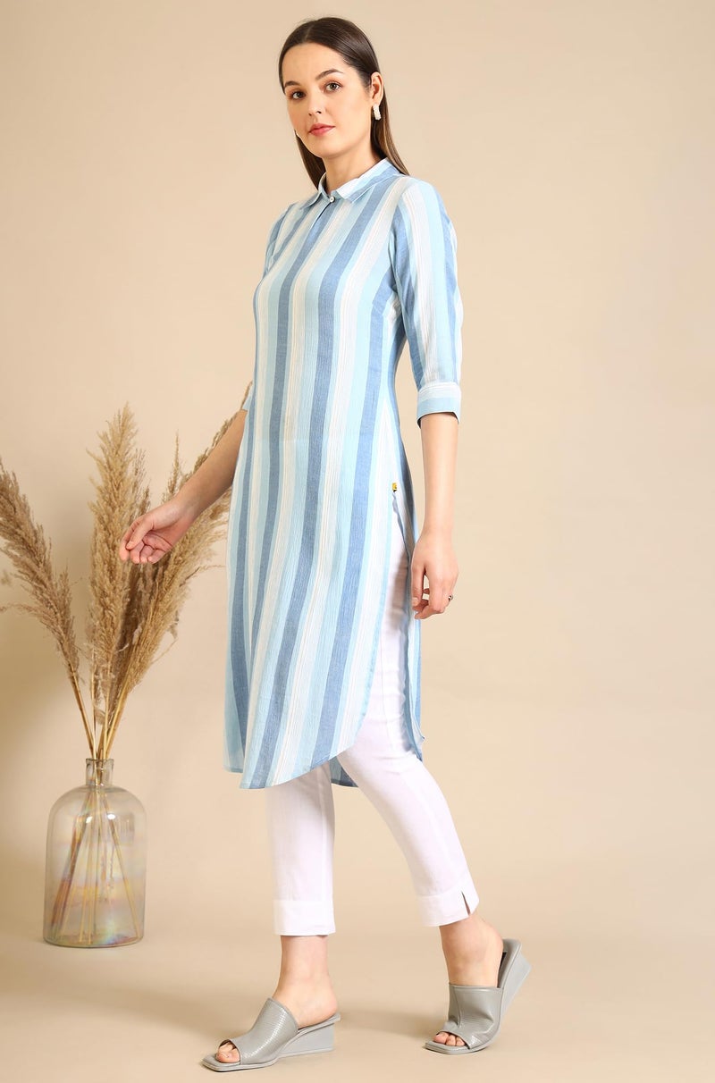 Aurelia Women's Blue Striped Crepe Kurta with Circular Hemline (Size: L)-A14802-704773 - Image 2
