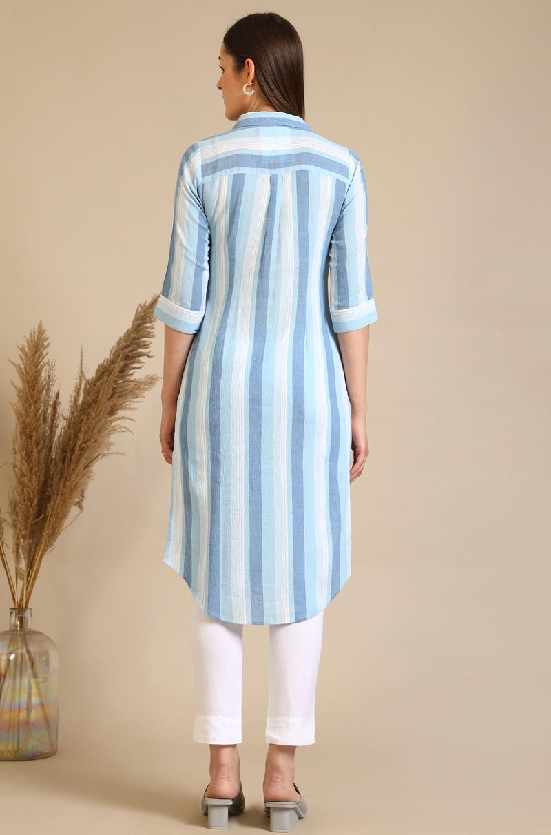 Aurelia Women's Blue Striped Crepe Kurta with Circular Hemline (Size: L)-A14802-704773 - Image 3
