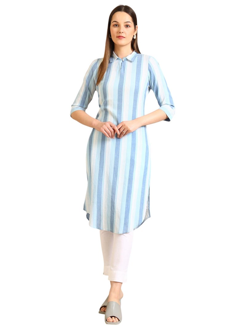 Aurelia Women's Blue Striped Crepe Kurta with Circular Hemline (Size: L)-A14802-704773 - Image 1