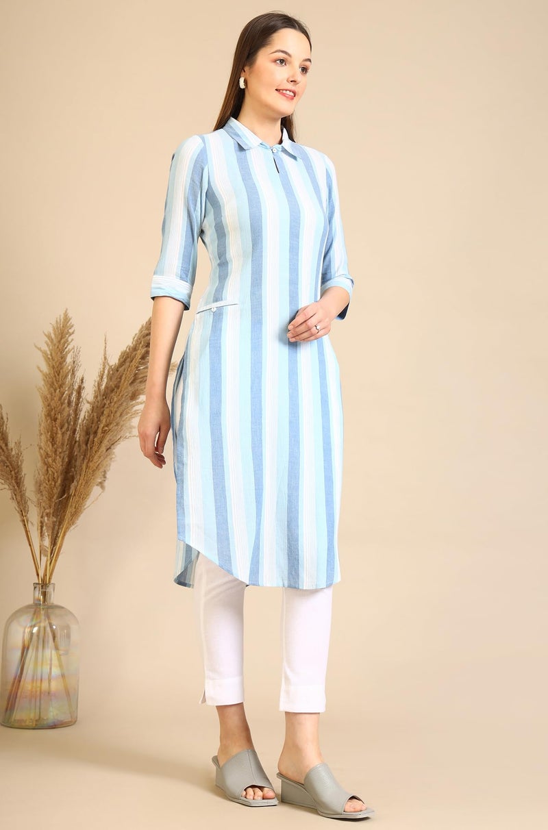 Aurelia Women's Blue Striped Crepe Kurta with Circular Hemline (Size: L)-A14802-704773 - Image 4