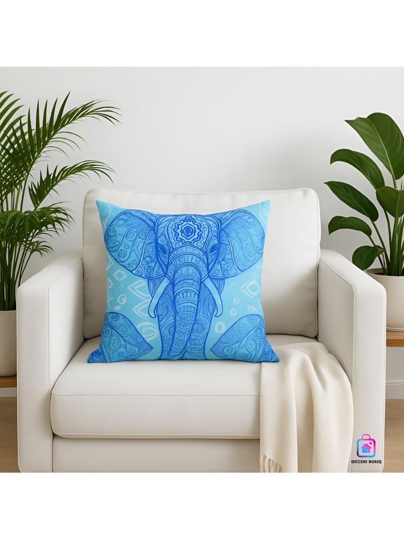 DECOR SOUQ Decorative Elephant Mandala Throw Pillow Cover, 45x45 cm, Blue, Geometric Design, Double-Sided Print, Square Cushion Cover, Pillow Case, Home Decor Decorations for Sofa, Couch, Bed, Chair  - Image 3