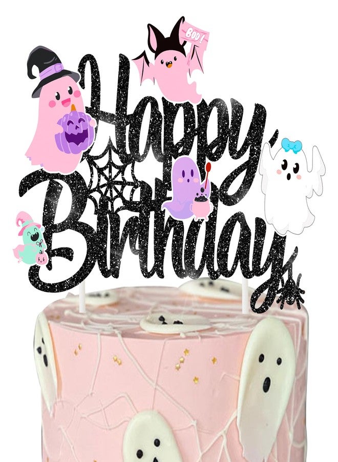 umoni Halloween Ghost Happy Birthday Cake Topper Black Glitter Halloween Birthday Cake Decorations Pastel Ghost Cake Picks Ghosts Boo Day Baby Shower Decor for Birthday Party Supplies - Image 1
