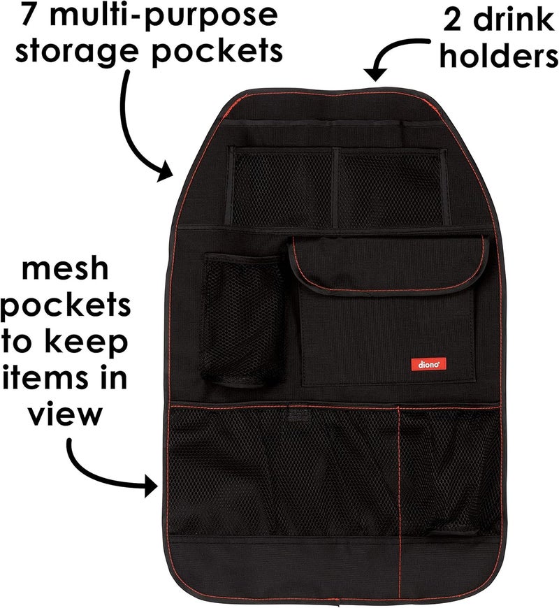 Diono Stow n Go Car Back Seat Organizer for Kids Kick Mat Back Seat Protector with 7 Storage Pockets 2 Drinks Holders Water Resistant Durable Material Black  18x10x9 Inch Pack of 1 - Image 4