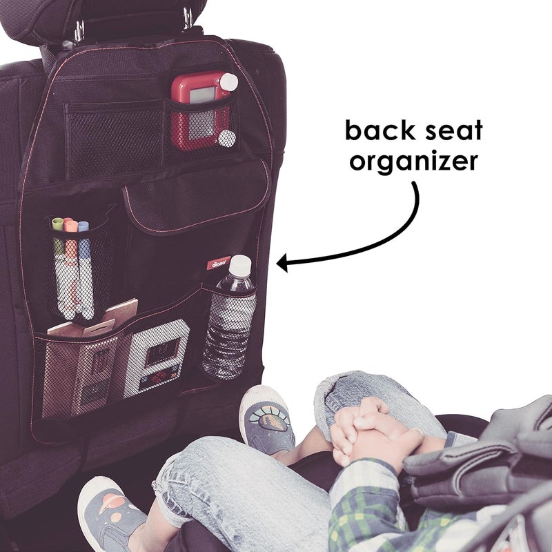 Diono Stow n Go Car Back Seat Organizer for Kids Kick Mat Back Seat Protector with 7 Storage Pockets 2 Drinks Holders Water Resistant Durable Material Black  18x10x9 Inch Pack of 1 - Image 3