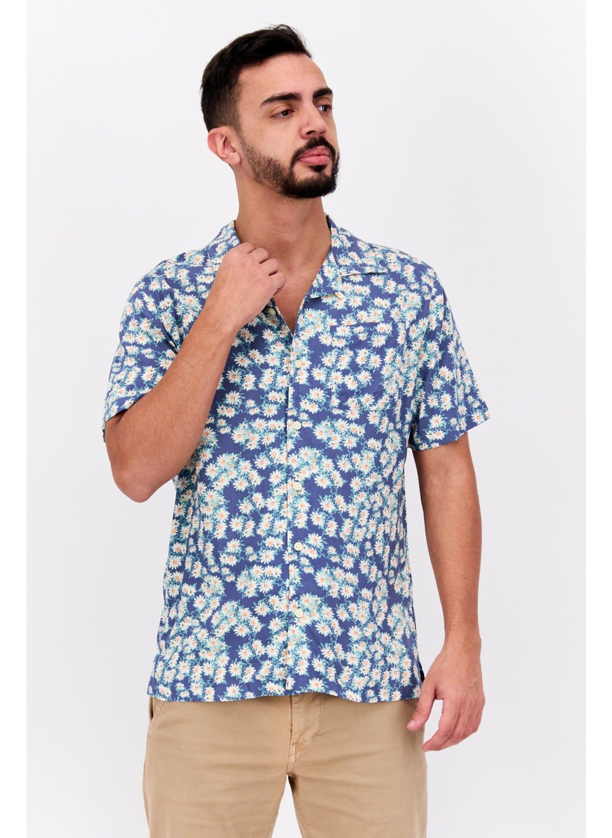 Jachs New York Men Regular Fit Floral Print  Short Sleeve Casual Shirt, Blue  - Image 1