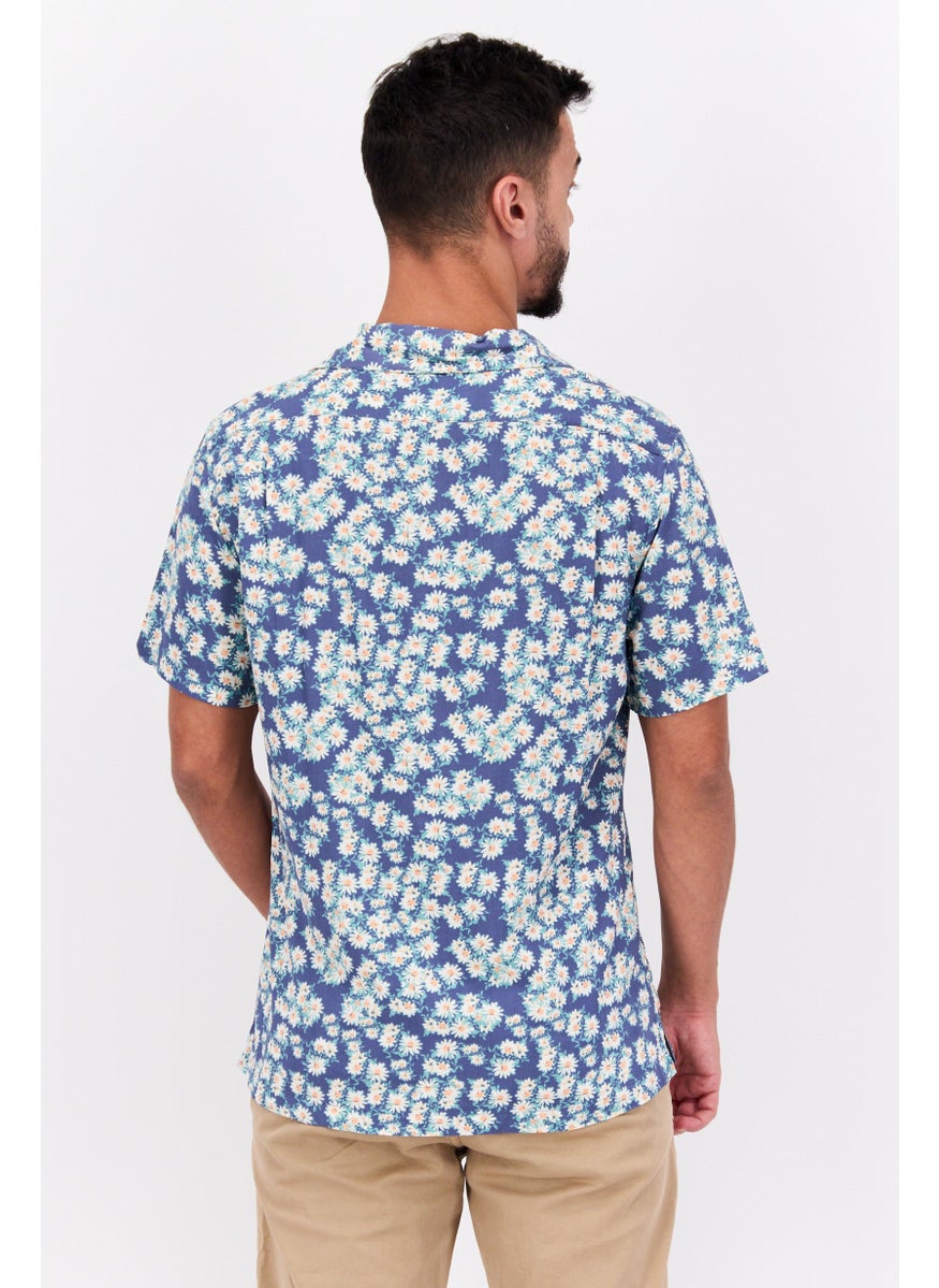 Jachs New York Men Regular Fit Floral Print  Short Sleeve Casual Shirt, Blue  - Image 3