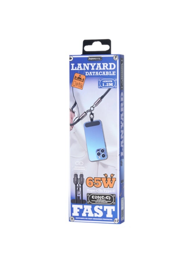 ريماكس كابل شحن سريع C20، كابل من سبائك الزنك من النوع C إلى النوع C بقوة 65 وات، تصميم مضفر متين بطول 1.2 متر مع حبل تعليق، هيكل قوي ومرن، يدعم الشحن السريع PD ونقل البيانات - أسود - Image 2