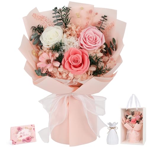 TYL&TYS Flowers for Delivery Prime Preserved Flowers Bouquet with Vase That Last 3-5 Years Real Forever Flowers Pink Rose Bouquet for Mom Mother Women Wife Friends Birthday Valentines Day Gifts for Her - Image 1