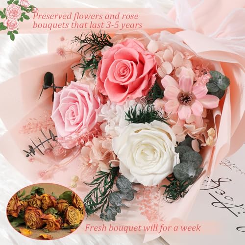 TYL&TYS Flowers for Delivery Prime Preserved Flowers Bouquet with Vase That Last 3-5 Years Real Forever Flowers Pink Rose Bouquet for Mom Mother Women Wife Friends Birthday Valentines Day Gifts for Her - Image 3