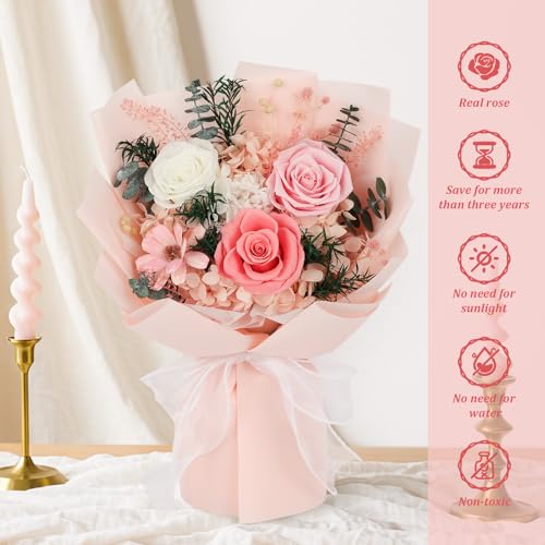 TYL&TYS Flowers for Delivery Prime Preserved Flowers Bouquet with Vase That Last 3-5 Years Real Forever Flowers Pink Rose Bouquet for Mom Mother Women Wife Friends Birthday Valentines Day Gifts for Her - Image 5