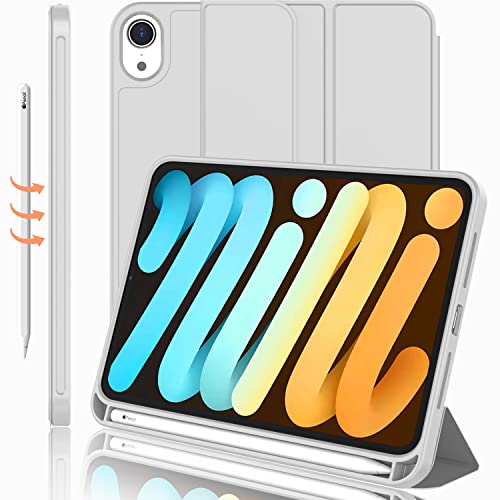 iMieet iPad Mini 7 Case 2024 (A17 Pro), iPad Mini 6 Case (8.3-Inch,2021 Model), iPad Mini 7th/6th Generation Case with Pencil Holder, Trifold Stand Smart Case with Soft TPU Back,Light Gray - Image 1