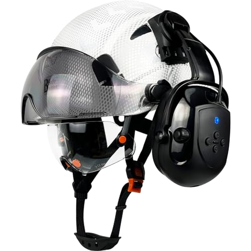 SAFEBUILDER Safety Helmet with Visor Bluetooth Ear Muffs SNR 26dB Hard Hat with Visors Mounted Ear muff Hardhats Vented ANSI Z89.1 (BG White Hat Wtih Clear & Tinted Visor & Bluetooth Ear Muffs) - Image 1