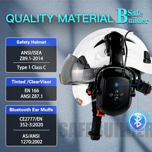 SAFEBUILDER Safety Helmet with Visor Bluetooth Ear Muffs SNR 26dB Hard Hat with Visors Mounted Ear muff Hardhats Vented ANSI Z89.1 (BG White Hat Wtih Clear & Tinted Visor & Bluetooth Ear Muffs) - Image 2