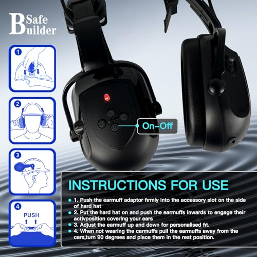 SAFEBUILDER Safety Helmet with Visor Bluetooth Ear Muffs SNR 26dB Hard Hat with Visors Mounted Ear muff Hardhats Vented ANSI Z89.1 (BG White Hat Wtih Clear & Tinted Visor & Bluetooth Ear Muffs) - Image 3