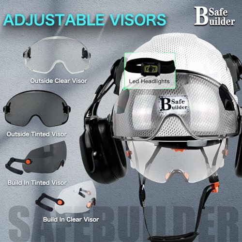 SAFEBUILDER Safety Helmet with Visor Bluetooth Ear Muffs SNR 26dB Hard Hat with Visors Mounted Ear muff Hardhats Vented ANSI Z89.1 (BG White Hat Wtih Clear & Tinted Visor & Bluetooth Ear Muffs) - Image 4