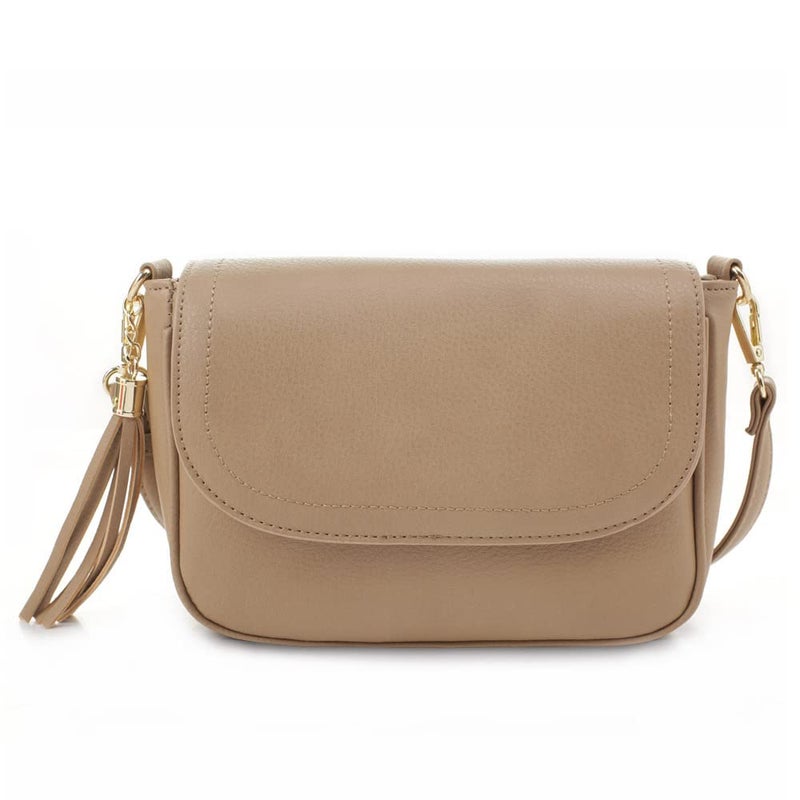 EVVE Small Crossbody Bag for Women Trendy Flap Saddle Purses with Tassel Vegan leather Shoulder Bag Taupe