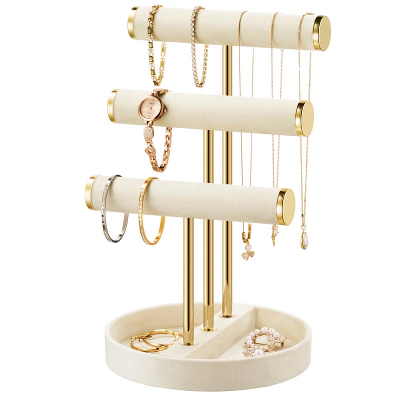 bussdis Bracelet Holder Jewelry Organizer Display 3 Tier T Bar Velvet Stand Beige Necklace Holder Organizer Bracelet Holder Earring Holder and Ring Display for Jewelry Organizers and Storage - Image 2