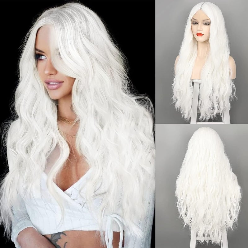 WECAN Long White Wigs for Women 28 Inches Wavy Lace Heat Synthetic Middle Part Natural Looking Silky Wig for Daily Use Halloween  Cosplay