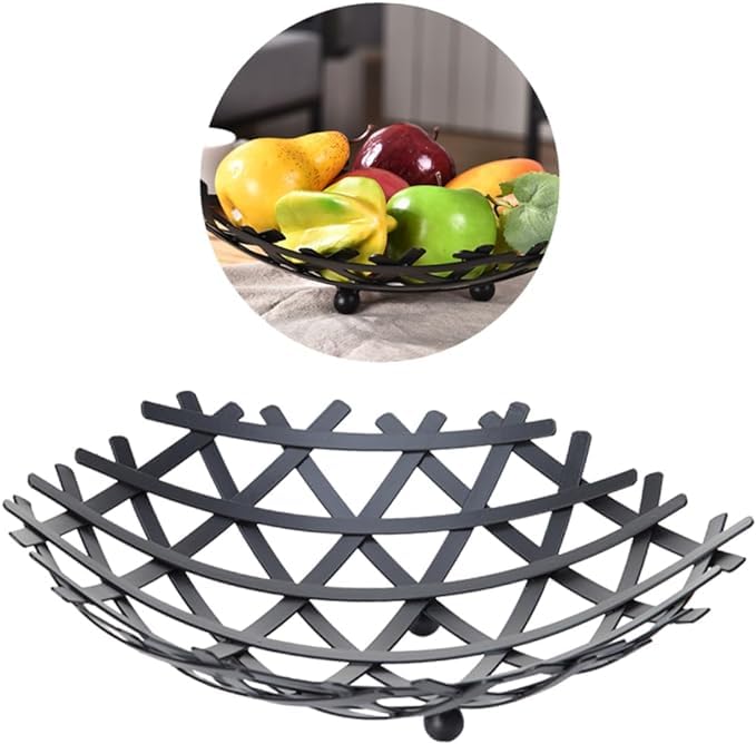 Olpad Decorative Thick Heavy Metal Wire Fruit Basket Matte Black Nordic Style Countertop Vegetable Bowl Basket Holder Stand for Kitchen Home Dining Table Round Platter Tabletop - Image 4