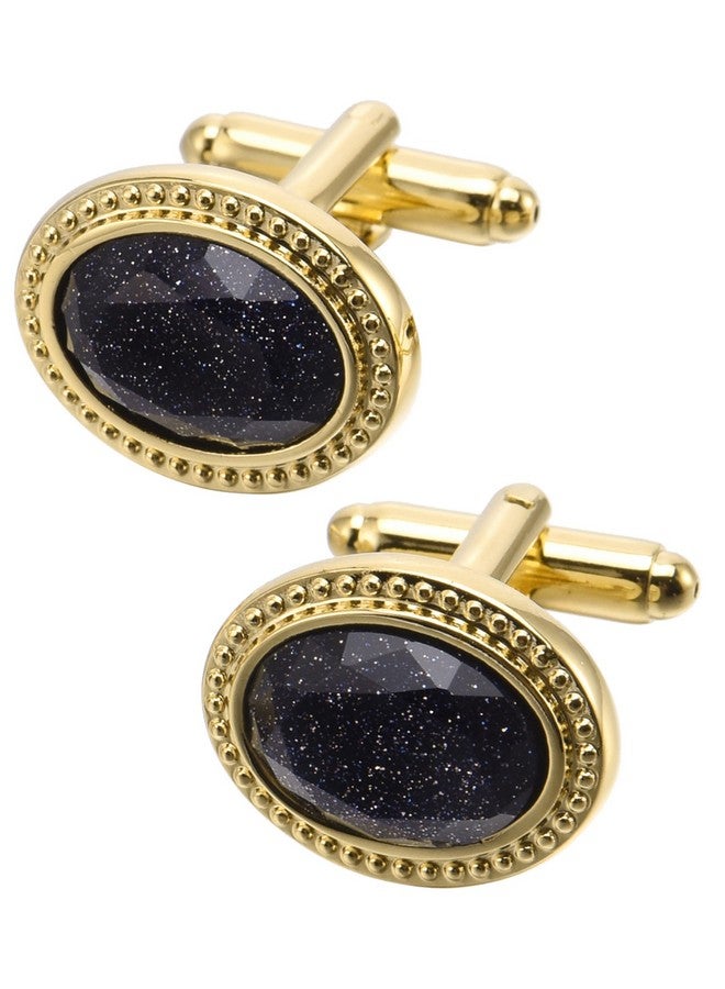 Jonwo Polyhedral Blue Goldstone Cufflinks For Men With Gift Box Oval Men Cufflinks Sparkling Natural Crystal For Wedding Daily Tuxedo Shirt Party Birthday Anniversary (14K Gold Plated Cufflinks) - Image 1