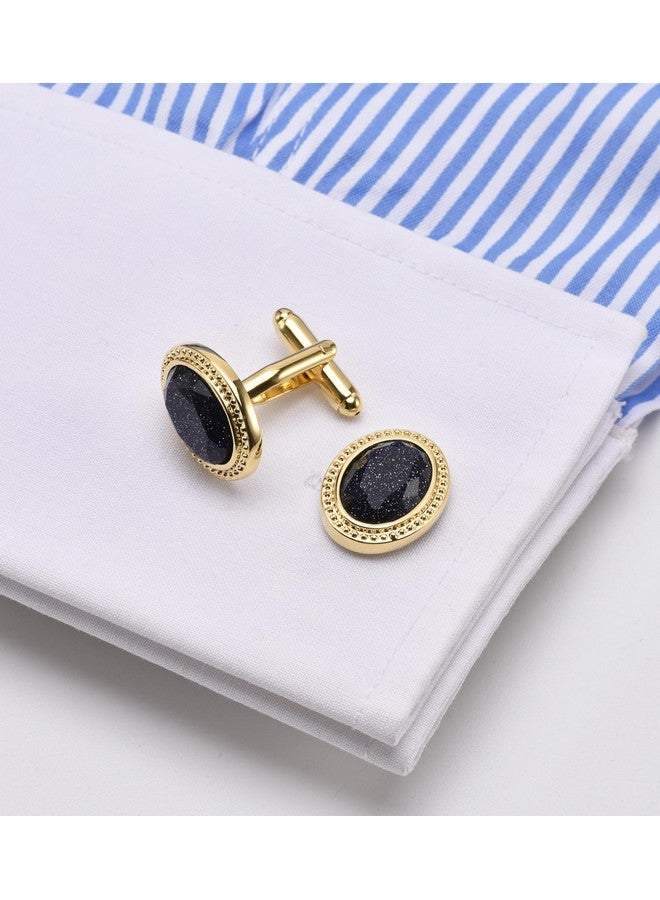 Jonwo Polyhedral Blue Goldstone Cufflinks For Men With Gift Box Oval Men Cufflinks Sparkling Natural Crystal For Wedding Daily Tuxedo Shirt Party Birthday Anniversary (14K Gold Plated Cufflinks) - Image 3