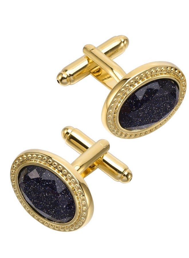 Jonwo Polyhedral Blue Goldstone Cufflinks For Men With Gift Box Oval Men Cufflinks Sparkling Natural Crystal For Wedding Daily Tuxedo Shirt Party Birthday Anniversary (14K Gold Plated Cufflinks) - Image 5