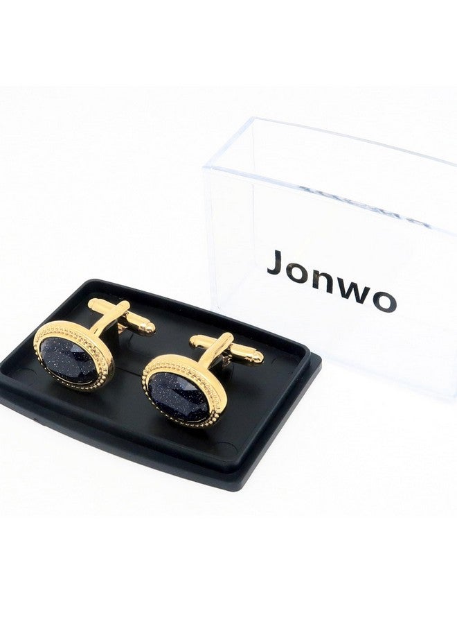 Jonwo Polyhedral Blue Goldstone Cufflinks For Men With Gift Box Oval Men Cufflinks Sparkling Natural Crystal For Wedding Daily Tuxedo Shirt Party Birthday Anniversary (14K Gold Plated Cufflinks) - Image 4