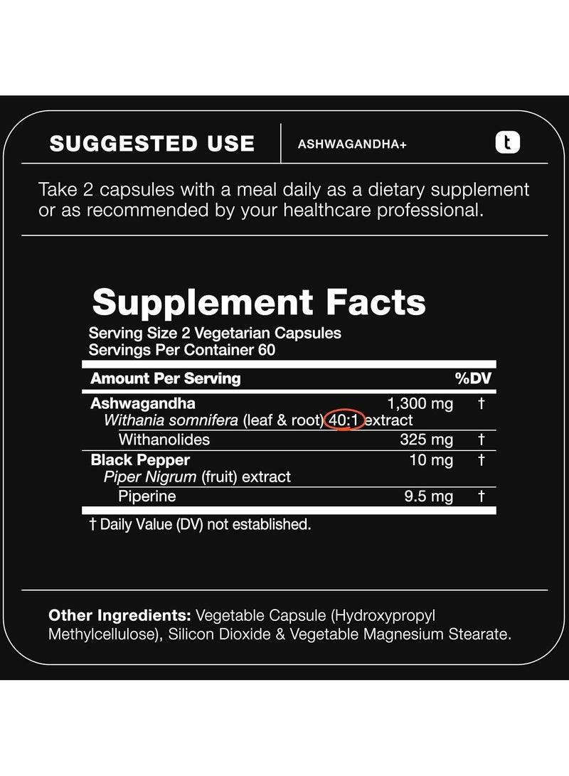تونيق أشواغاندا - مستخلص عالي الفعالية 40:1 مع 25% من ويتانوليدات، 120 كبسولة - Image 2