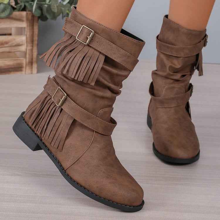 Women'S Short Boots 2023 Spring New Matte Leather Mid-Calf Knight Boots British Style Retro Flat Martin Boots Tassel Boots - Image 1