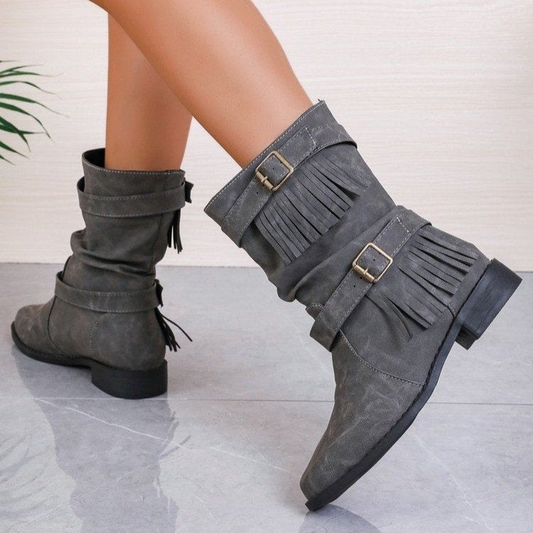 Women'S Short Boots 2023 Spring New Matte Leather Mid-Calf Knight Boots British Style Retro Flat Martin Boots Tassel Boots - Image 3