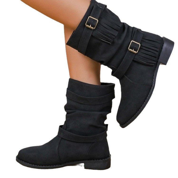 Women'S Short Boots 2023 Spring New Matte Leather Mid-Calf Knight Boots British Style Retro Flat Martin Boots Tassel Boots - Image 5