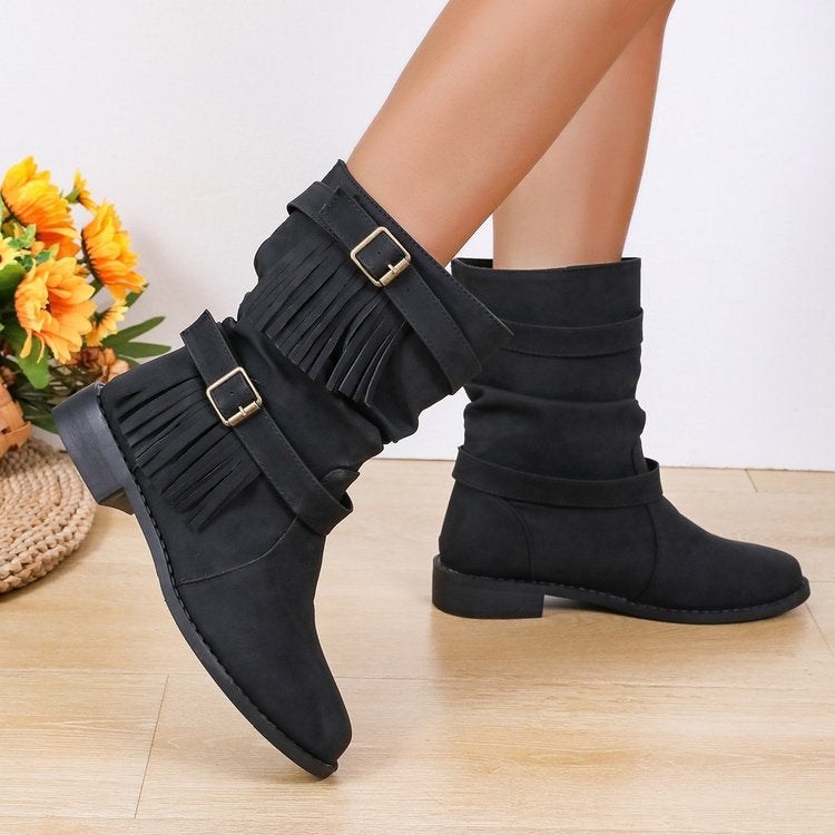 Women'S Short Boots 2023 Spring New Matte Leather Mid-Calf Knight Boots British Style Retro Flat Martin Boots Tassel Boots - Image 4