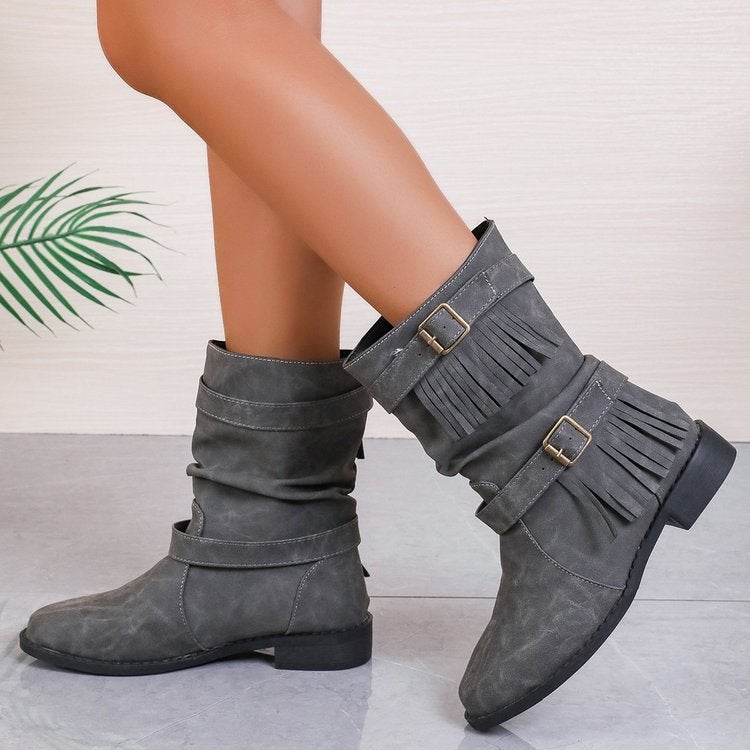 Women'S Short Boots 2023 Spring New Matte Leather Mid-Calf Knight Boots British Style Retro Flat Martin Boots Tassel Boots - Image 2