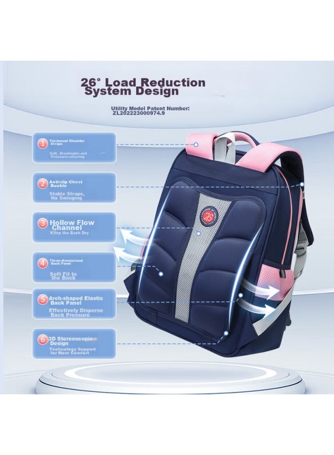 Ninth Castle Vnine City Hong Kong Ninth Castle Backpack For Primary School Students, Spine Protection And Load Reduction For Grades 1-3 Health Antibacterial Children's Backpack For Boys And Girls, High School Large Capacity Double Shoulder Backpack, Cambridge Blue With Pink - Image 3