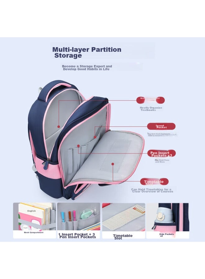 Ninth Castle Vnine City Hong Kong Ninth Castle Backpack For Primary School Students, Spine Protection And Load Reduction For Grades 1-3 Health Antibacterial Children's Backpack For Boys And Girls, High School Large Capacity Double Shoulder Backpack, Cambridge Blue With Pink - Image 5