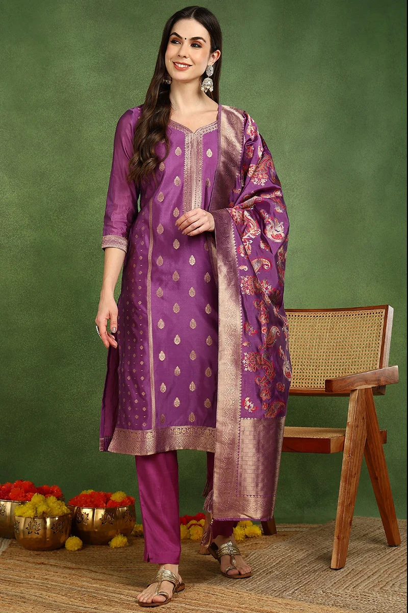 Purple Poly Chanderi Woven Design Straight 3-Piece Kurta Set