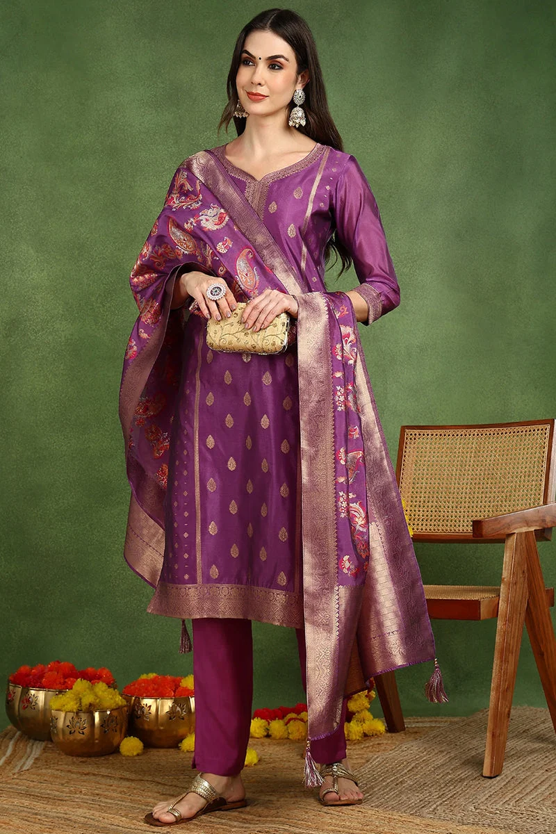 ZERESOUQ Purple Poly Chanderi Woven Design Straight 3-Piece Kurta Set