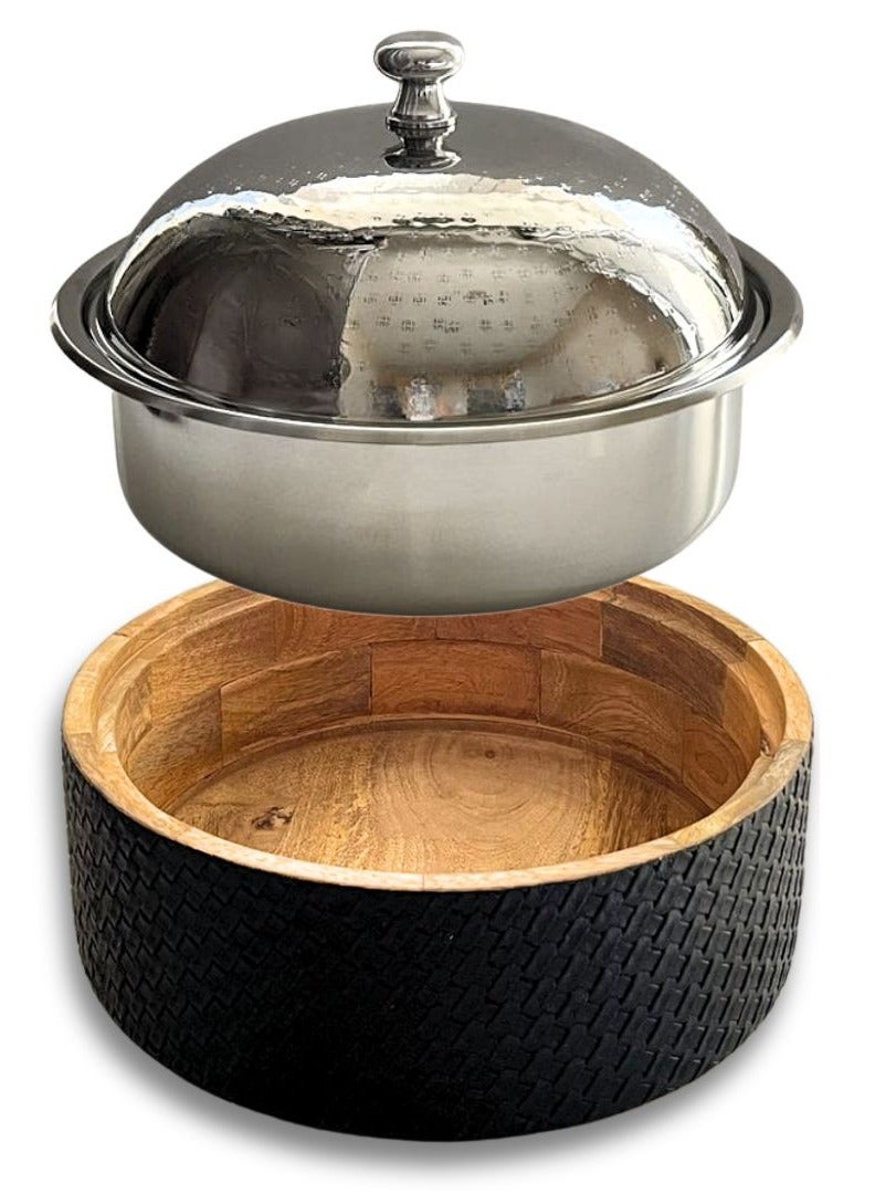 ARTC ARTC Premium 3500ML Stainless Steel Hotpot & Chafing Dish – 2-in-1 Food Warmer with Magnetic Lid & Leather-Wrapped Wooden Base | Anti-Slip Thermal Serving Bowl & Salad Dish – Silver & Black Kitchen & Buffet Server - Image 2