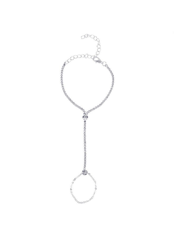 Aaishwarya Silver Chain Ring Bracelet With Glimmreing Crystal Stones (Pack of 1) | Valentine Gift for Wife | Bracelets for Women and Girls | Stylish Party Jewelry - Image 1