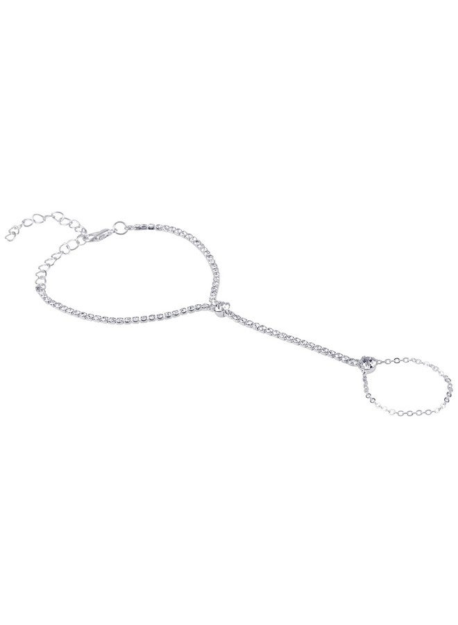 Aaishwarya Silver Chain Ring Bracelet With Glimmreing Crystal Stones (Pack of 1) | Valentine Gift for Wife | Bracelets for Women and Girls | Stylish Party Jewelry - Image 2