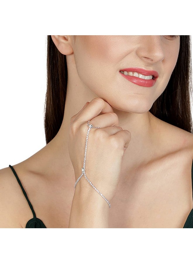 Aaishwarya Silver Chain Ring Bracelet With Glimmreing Crystal Stones (Pack of 1) | Valentine Gift for Wife | Bracelets for Women and Girls | Stylish Party Jewelry - Image 3