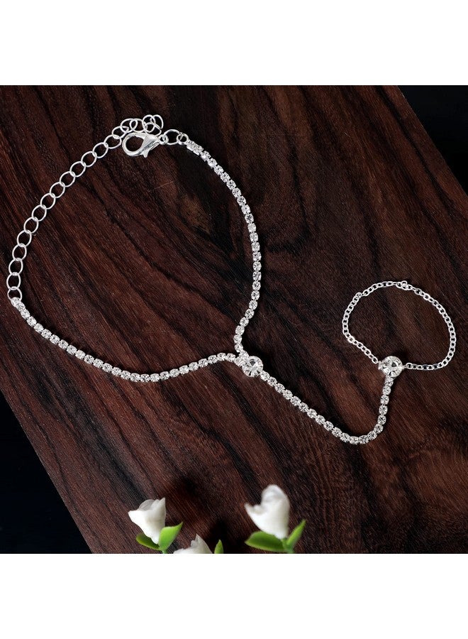 Aaishwarya Silver Chain Ring Bracelet With Glimmreing Crystal Stones (Pack of 1) | Valentine Gift for Wife | Bracelets for Women and Girls | Stylish Party Jewelry - Image 5