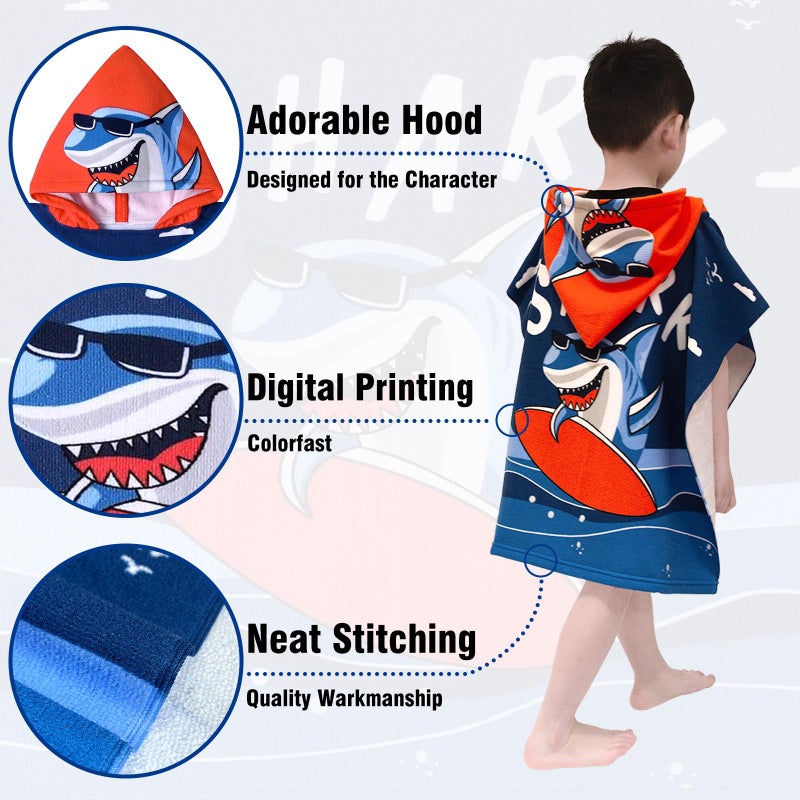 growell Hooded Kids Beach Towels - Toddler Bath Towel Girls Boys Swim Cover-ups for Ages 1 to 6 Kids Pool Towels Quick Dry Lightweight Soft Microfiber Poncho Towel 24x23 (Shark Surfing) - Image 3