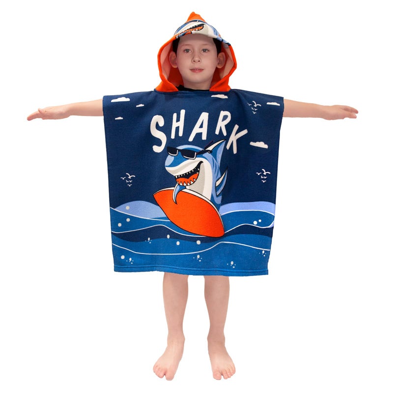 growell Hooded Kids Beach Towels - Toddler Bath Towel Girls Boys Swim Cover-ups for Ages 1 to 6 Kids Pool Towels Quick Dry Lightweight Soft Microfiber Poncho Towel 24x23 (Shark Surfing) - Image 1