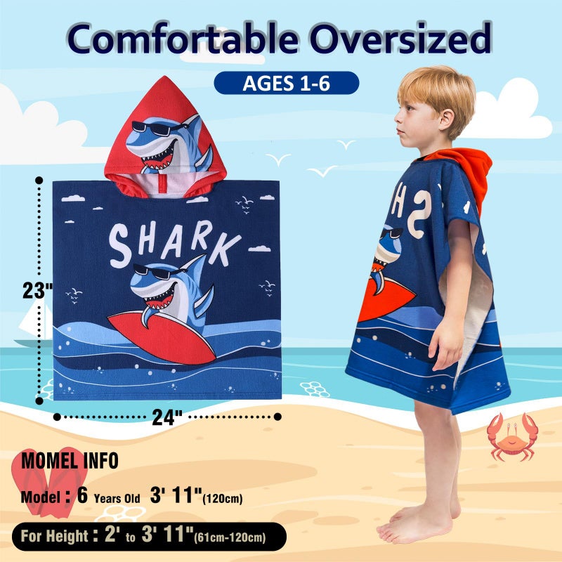 growell Hooded Kids Beach Towels - Toddler Bath Towel Girls Boys Swim Cover-ups for Ages 1 to 6 Kids Pool Towels Quick Dry Lightweight Soft Microfiber Poncho Towel 24x23 (Shark Surfing) - Image 4