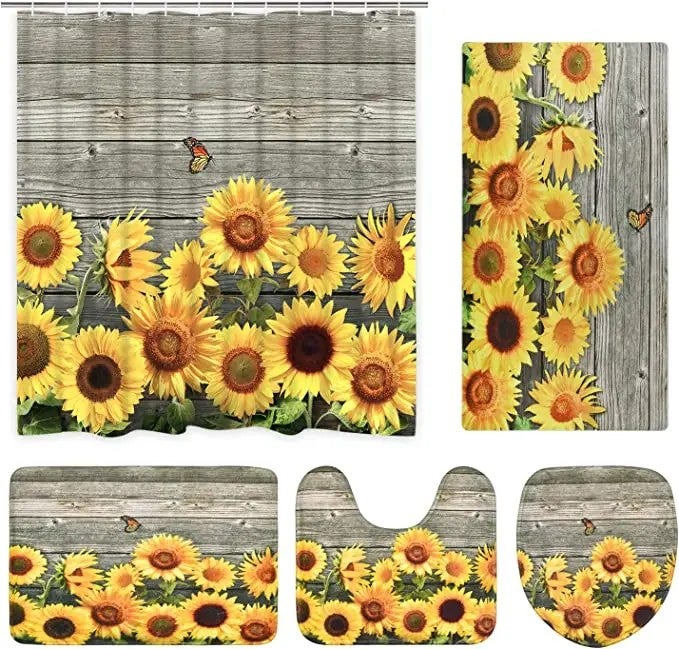 Y&D Sunflower Polyester Waterproof Toilet Accessories  Logo Shower Curtain Bathroom Set 4 Pcs - Image 3