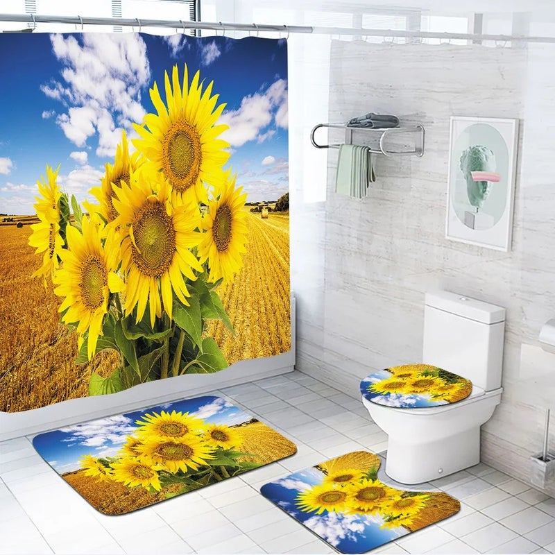 Y&D Sunflower Polyester Waterproof Toilet Accessories  Logo Shower Curtain Bathroom Set 4 Pcs - Image 1